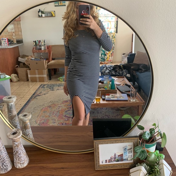 Striped Midi Dress with High Slit - Picture 2 of 3